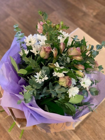 Maribelle (Lilac bouquet "BELLE" (range) - Maribelle is just one bouquet in our what we like to call our "BELLE" range, all the designs in this range are first and foremost beautiful high quality flowers tied in a pretty gathered style looking absolutely gorgeous in a no fuss but  stunning design that allows the flowers to speak for themselves. All the incredibly lucky recipient has to do is pop them into a vase and enjoy. A pretty name for a pretty bouquet, in tranquil shades of lilacs, greys and whites, married together beautifully to create the perfect combination. Beautiful soft tones of flowers and lovely foliage gift wrapped in delicate tissue and paper, then finished with an organza bow. Flower and design may vary. A beautiful bouquet, perfect for all ocassions. Bouquet is arranged and delivered by your local florist By Arrangement. We deliver to all surrounding areas including Gosport, Fareham, Lee-on-the-Solent and Stubbington.