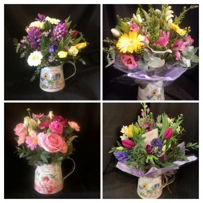 Seasonal Jug - A beautiful and very pleasing arrangement of seasonal flowers that would grace any home. Perfect as a gift for any occasion, even when to flowers are over the reciptient has the prettiest of little zinc jug container to use time and time again. A sweet selection of pretty seasonal flowers arranged in a decorative zinc jug. Flower may vary due to seasonal   availabilty, but always the flower choice will be in keeping with the twee style that the jug dictates.  Flowers arranged and delivered by your local florist By Arrangement. We deliver to all local surrounding areas including Gosport, Fareham, Lee-on-the-Solent and Stubbington. Flowers for all occasions. This item is available for same day delivery before 2pm, ordinary delivery or Click & Collect from our shop. Please note at Christmas, Valentine's, Mothers Day and other specific times of the year other styles are available on our website.