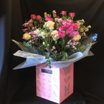 Love is like a butterfly - Beautiful gift box with butterfly detail full of stunning flowers in tones of pink, butterflies are even incorperated through the flowers. Design may vary. Flowers and foliage arranged in floral foam so no vase is required. We deliver to all areas in our locality including Gosport, Fareham, Lee-on-the-Solent, Stubbington, Titchfield and their surrounding areas. We offer same day delivery on all orders placed before 2pm. A click and collect service is offered through our website if you prefer. All our designs are made by our highly trained skillful florists on site. On our website you can find flower arrangements for evry occasion. Although our website is vast and varied we are also aware that some customers have special requirements that we are always available to consult in order to meet all your floral needs. Contact details as follows, by email you can use our contact page on our website, give us a call on 023 92520123, or even come into the shop and see us face to face.