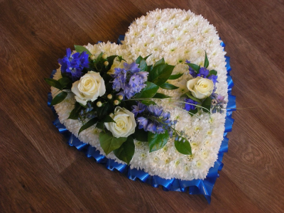 Ribbon edge funeral heart - Ribbon edged heart in tones of blue and white, consisting of a white chrysanthemum base and mixed flower posies. Please note flower may vary. Available in other colours, please contact us to discuss or if you are ordering online then please write in (Special request) box your prefered posy and ribbon colour. All of our designs are made by our highly trained skilful florists on site. We deliver to all funeral directors in our locality incuding Gosport, Fareham, Stubbington, Lee-on-the-Solent, Titchfield and their surrounding areas. Although our website is vast and varied we are also aware that some customers may have special requirements that we are always available to consult in order to meet all of your floral needs. Our contact deatils are as follows. You can use our conatc page through our website to send us a message, call us on 023 92520123 or even come into the shop and see us face to face.