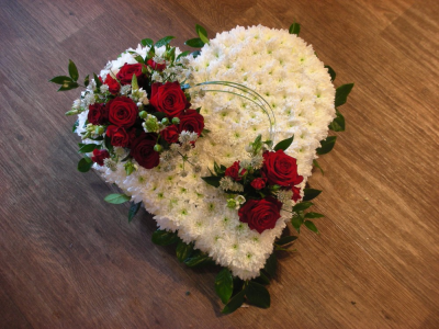 White and red based funeral heart - An elegant heart design in a white chrysanth base with red rose posies and finished with a foliage edge. it may be possible to have a different colour for the posy, please contact us to discuss this or if you are ordering on line then please wrute in the (Special Request) box your prefered colour. The design may vary from the image shown. All of our designs are made by our highly trained skilful florists on site. we deliver to all of the funeral directors in our locality incuding Gosport, Fareham, Stubbington, Lee-on-the-Solent, Titchfield and their surrounding areas. Although our website is vast and varied we are also aware that some customers may have special requirements that we are always available to consult in order to meet all of your floral needs. our contact details are as follows. You can call us on 023 92520123, use our contact page through our website to send us a message or even come into the shop and see us face to face.