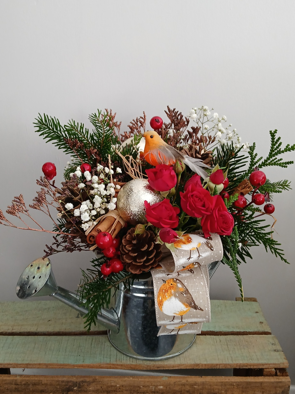 Festive Christmas Robin Flower Arrangement