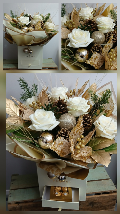 Christmas Flower Box with Chocolates - Luxury Christmas flowers delivered to Gosport from By Arrangement. Christmas flowers and gifts at Christmas. On line Christmas flowers,