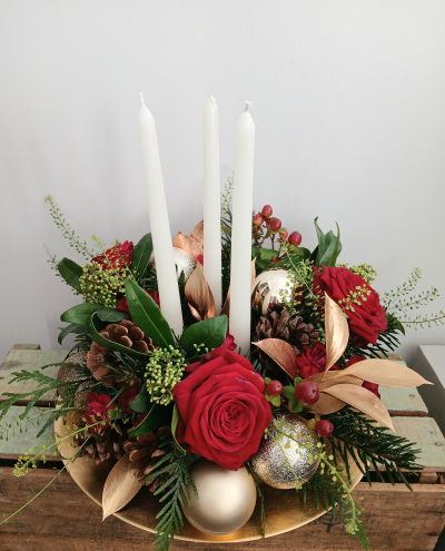 Three candle Christmas table arrangement - Christmas flowers from By Arrangement Gosport. Same day flower delivery Gosport. Send Christmas Flowers Gosport. Online flower delivery