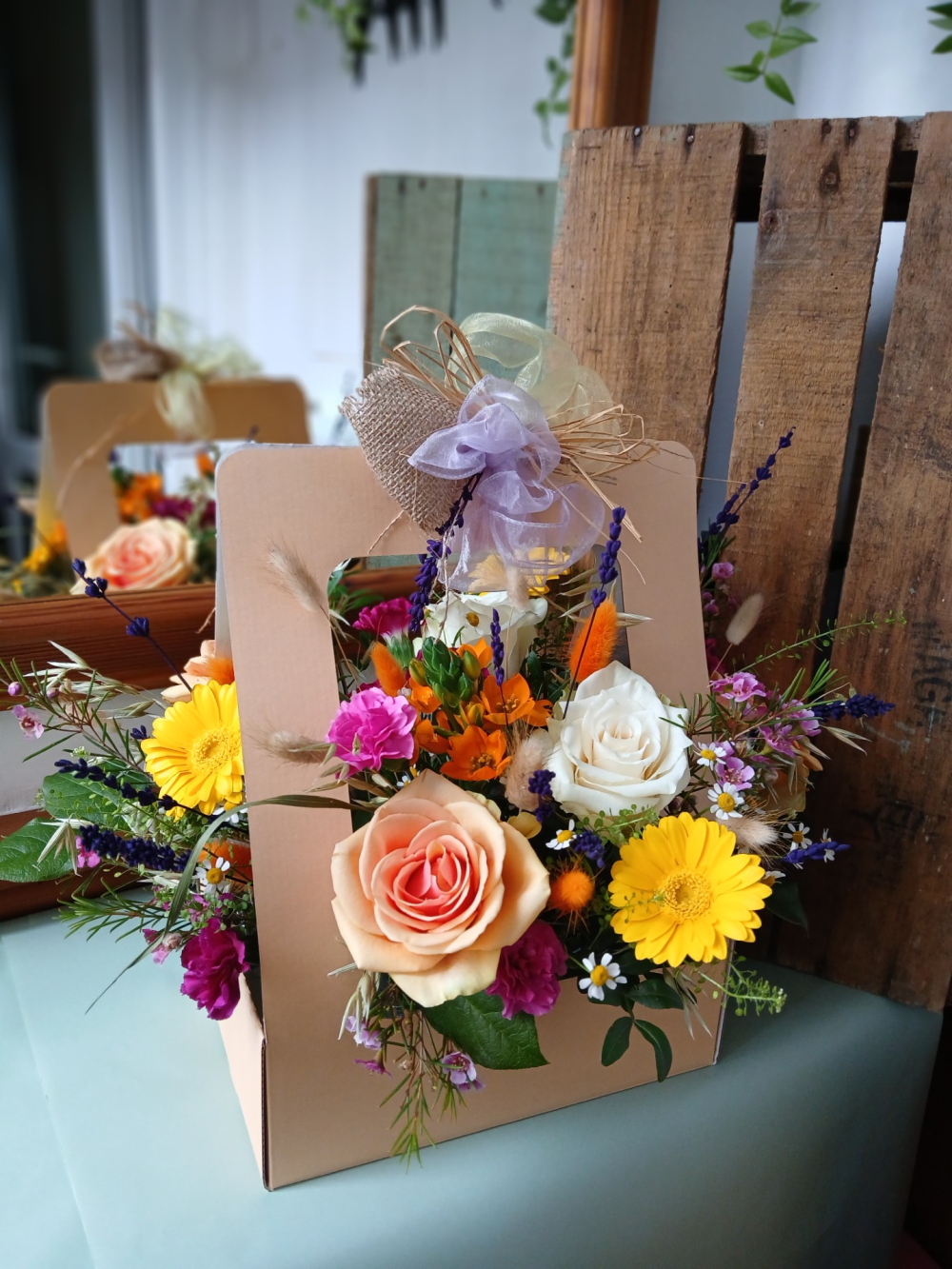 Delightful Gift Bag Flower Arrangement Spring Colours