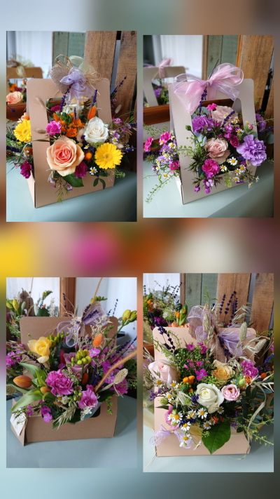 Delightful Gift bag Flower Arrangement in Pinks and purple - Delicate flowers arranged in gift bag. Local florist Gosport, Stubbington, Fareham. Florist near me. Same day flower delivery. Independent florist. Online florist. Flower delivery