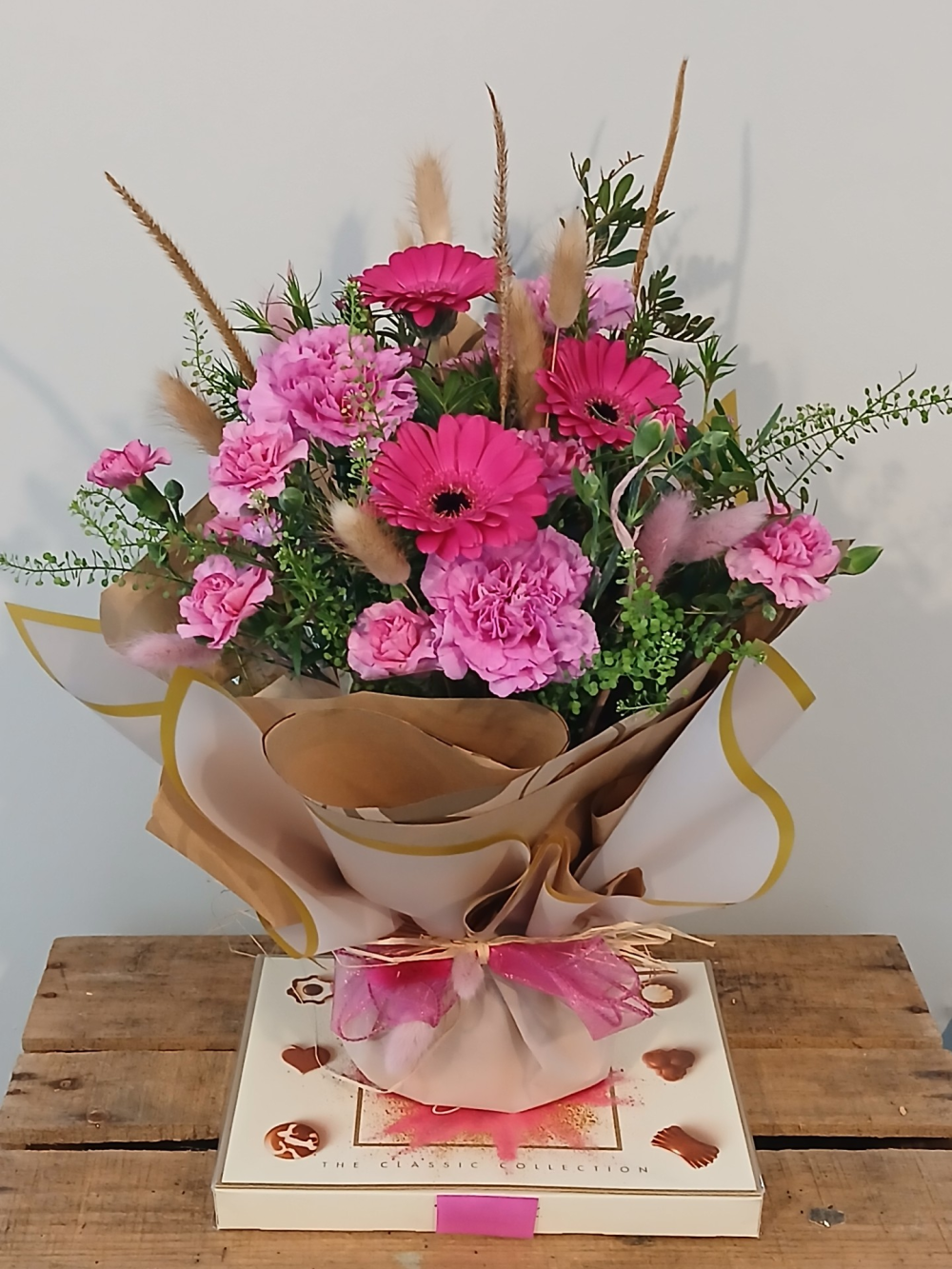 Pink posy and chocolates