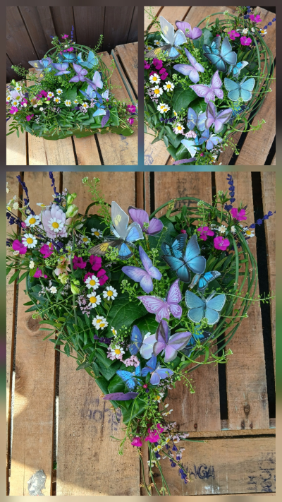 Butterfly Heart funeral tribute - Funeral flowers delivered to Gosport. Funeral flowers in heart shape with butterflies. Bespoke funeral flowers. Butterfly funeral tribute. Send funeral flowers Gosport, Fareham.