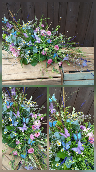 Single ended funeral spray with butterfly - Funeral flowers with butterfly. Send funeral flowers Gosport. Bespoke funeral flowers. butterfly funeral flowers. Funeral flowers local florist Fareham, Lee on Solent